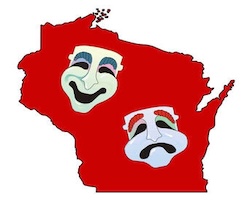 The state of Wisconsin in red and two theatre masks laid over the top