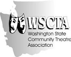 Washington State TA logo overlayed on the state with theatre masks